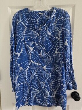 100% Cotton J. Crew Blue and White Shell-Print Long-Sleeve Tunic Or Swim Cover